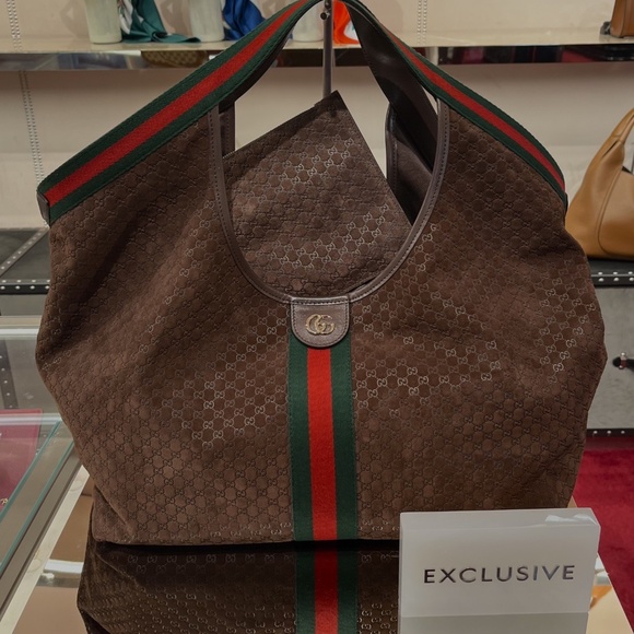 5th AVENUE EXCLUSIVE! Limited Edition Gucci Giglio Brown Suede Large Tote Bag - Picture 2 of 9